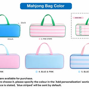 Puede incluir: Una colecci&oacute;n de bolsas rectangulares para Mahjong con asas, mostradas en varios colores y patrones, incluyendo azul s&oacute;lido, rayas rosas, rosa s&oacute;lido, azul y rosa, y rayas azules. Las dimensiones son 53,34 cm de largo, 16,51 cm de alto y 5,08 cm de profundidad.