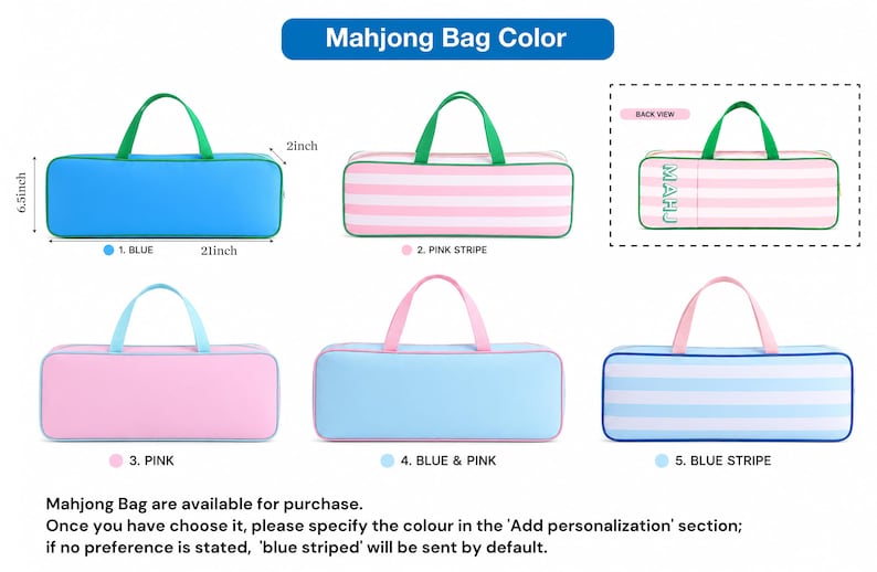 Puede incluir: Una colecci&oacute;n de bolsas rectangulares para Mahjong con asas, mostradas en varios colores y patrones, incluyendo azul s&oacute;lido, rayas rosas, rosa s&oacute;lido, azul y rosa, y rayas azules. Las dimensiones son 53,34 cm de largo, 16,51 cm de alto y 5,08 cm de profundidad.