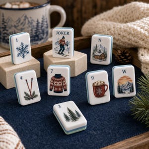 Winter Ski Resort American Mahjong Set, Cozy Alpine Themed Tiles, Mountain Cabin & Pine Trees, Holiday Gathering, Family Game Night