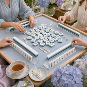 Puede incluir: Un juego de mahjong con fichas blancas de motivos azules y verdes, dispuestas sobre un tablero de fieltro azul claro. El set incluye soportes para fichas, dos dados blancos peque&ntilde;os y varios palillos de conteo. Hay una taza de t&eacute; floral con plato.