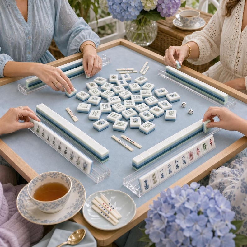 Puede incluir: Un juego de mahjong con fichas blancas de motivos azules y verdes, dispuestas sobre un tablero de fieltro azul claro. El set incluye soportes para fichas, dos dados blancos peque&ntilde;os y varios palillos de conteo. Hay una taza de t&eacute; floral con plato.