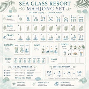 May include: A Sea Glass Resort Mahjong set display chart featuring 152 to 160 tiles. The grid shows categories for Dots, Bams, Craks, Dragons, Winds, Flowers, Jokers, and Blanks with coastal illustrations like sailboats, palm trees, and sea glass.