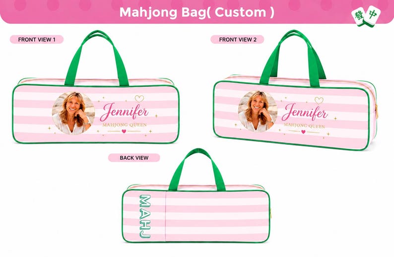 K&ouml;nnte beinhalten: Eine rechteckige, individuell gestaltbare Mahjong-Tasche mit rosa-wei&szlig;em Streifenmuster sowie gr&uuml;nen Kanten und Griffen. Die Vorderseite zeigt ein kreisf&ouml;rmiges Foto, den Namen Jennifer und den Text Mahjong Queen. Hinten steht der Text MAHJ.