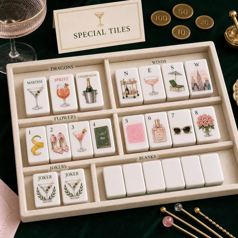 K&ouml;nnte beinhalten: Ein mit beigem Samt ausgekleidetes Tablett mit wei&szlig;en Mahjong-Steinen, die bunte Illustrationen von Cocktails, Modeartikeln und Stadtszenen zeigen. Die Steine sind in Abschnitte unterteilt, die als Dragons, Winds, Flowers, Jokers und Blanks beschriftet sind. Ein Schild tr&auml;gt die Aufschrift SPECIAL TILES.