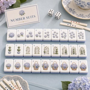 Puede incluir: Un juego de fichas con ilustraciones de hortensias azules, jardines topiarios y cestas de flores, numeradas del uno al nueve. Incluye una tarjeta con la etiqueta NUMBER SUITS, dos dados blancos y varios palitos finos con puntos de colores.
