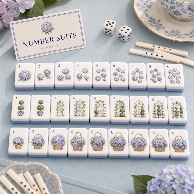Puede incluir: Un juego de fichas con ilustraciones de hortensias azules, jardines topiarios y cestas de flores, numeradas del uno al nueve. Incluye una tarjeta con la etiqueta NUMBER SUITS, dos dados blancos y varios palitos finos con puntos de colores.