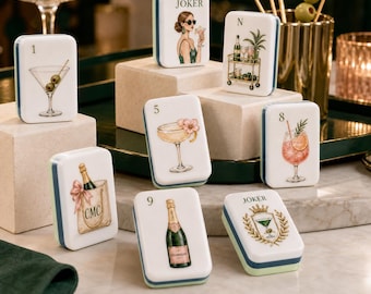 Cocktail-Mahjong-Set, Vintage-Glamour-Cocktail-Mahjong, Retro-Martini-Steine, illustrierte Barwagen/Spirituosen, Brautparty