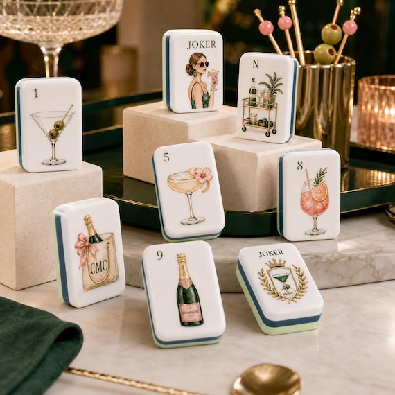 Cocktail Social Club Mahjong Set, Vintage Glamour Cocktail Mahjong, Retro Martini Tiles, llustrated Bar Carts/Spirits, Bridal Shower