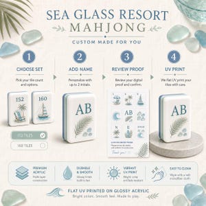 May include: A custom Sea Glass Resort Mahjong set featuring white acrylic tiles with blue coastal illustrations and initials. The set includes options for 152 or 160 tiles, personalized with two initials, and utilizes durable UV printing for a smooth, glossy finish.