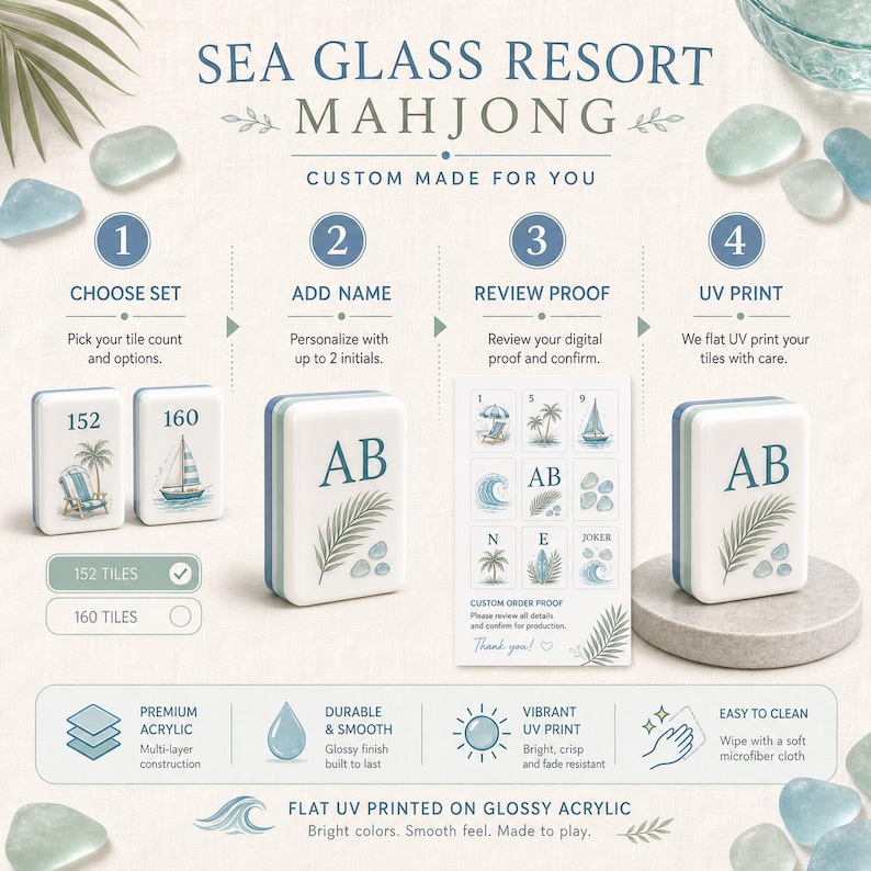 May include: A custom Sea Glass Resort Mahjong set featuring white acrylic tiles with blue coastal illustrations and initials. The set includes options for 152 or 160 tiles, personalized with two initials, and utilizes durable UV printing for a smooth, glossy finish.