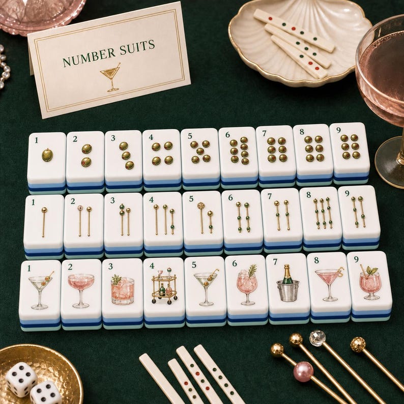 K&ouml;nnte beinhalten: Ein Set aus rechteckigen Mahjong-Spielsteinen, angeordnet in drei Reihen mit den Zahlen eins bis neun. Die Steine zeigen goldfarbene Punkte, vertikale Linien und bunte Cocktail-Illustrationen. Eine Karte mit der Aufschrift NUMBER SUITS liegt bei.