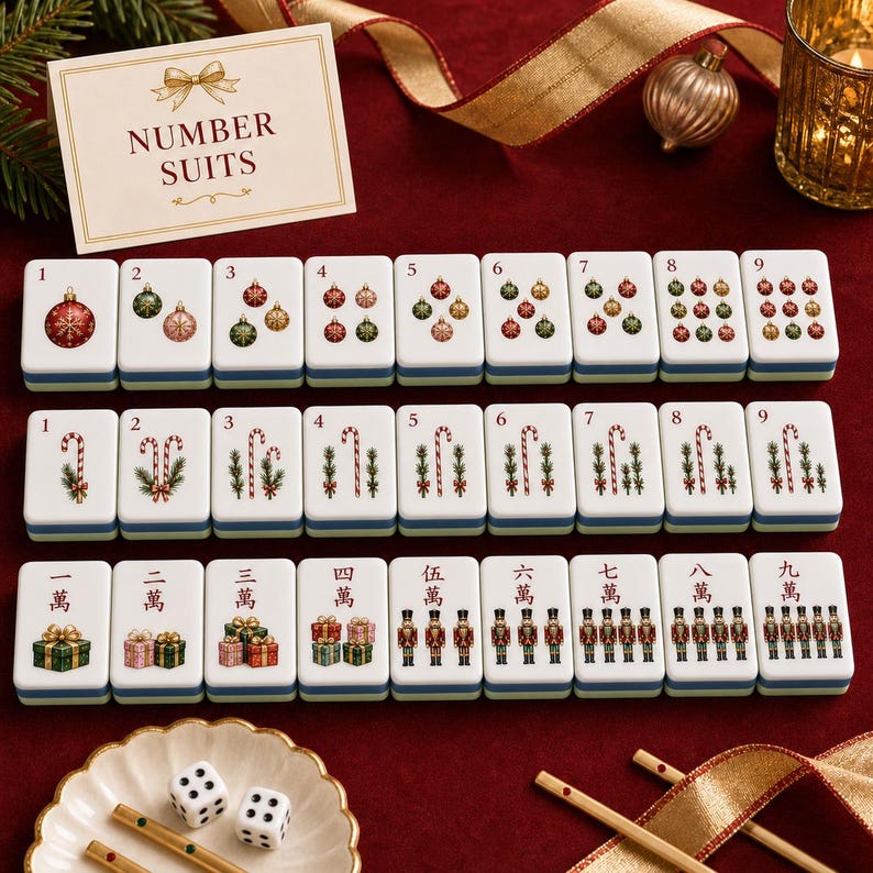 K&ouml;nnte beinhalten: Ein Mahjong-Spielset mit weihnachtlichen Illustrationen wie Christbaumkugeln, Zuckerstangen, Geschenken und Nussknackern. Die Spielsteine sind in drei Reihen angeordnet, erg&auml;nzt durch eine Karte mit der Aufschrift NUMBER SUITS und zwei wei&szlig;e W&uuml;rfel.