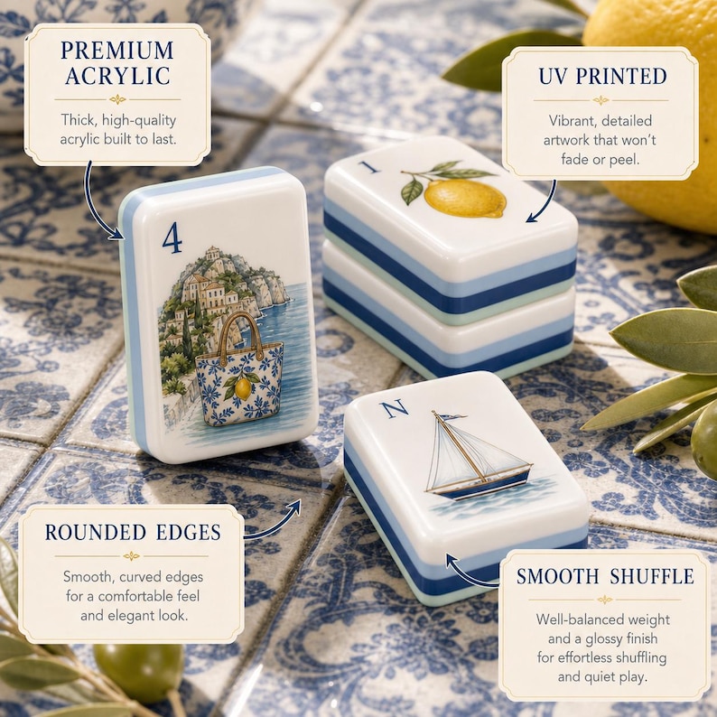 May include: Three rectangular acrylic tiles with rounded edges and blue striped sides. One tile features the number 4 and a coastal scene with a tote bag, another shows a lemon, and the third displays the letter N with a sailboat illustration.