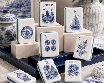 Mahjong-Set „Blue Willow Chinoiserie“, individuell gestaltete amerikanische Spielsteine mit Joker, Pfingstrose, Segelboot und Pagode, elegante orientalische Dekoration