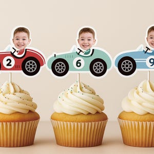 Personalize Race Car Photo Cupcake Toppers, Face Cupcake Toppers, Custom boy Race Car Cupcake Toppers, Racing boy Birthday Party Decor