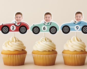 Personalize Race Car Photo Cupcake Toppers, Face Cupcake Toppers, Custom boy Race Car Cupcake Toppers, Racing boy Birthday Party Decor