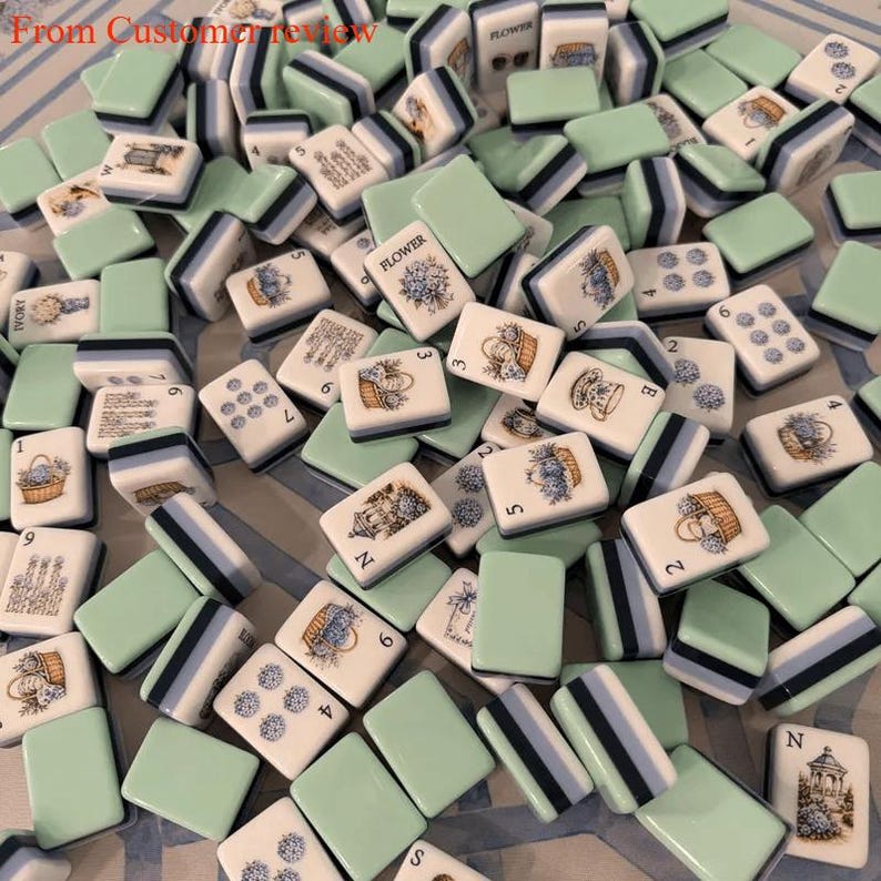 Juego de Mahjong Americano Jardín de Hortensias, fichas estilo casa de campo inglesa con flores azules, hortensias azules, despedida de soltera, juego de fiesta de té vintage imagen 9