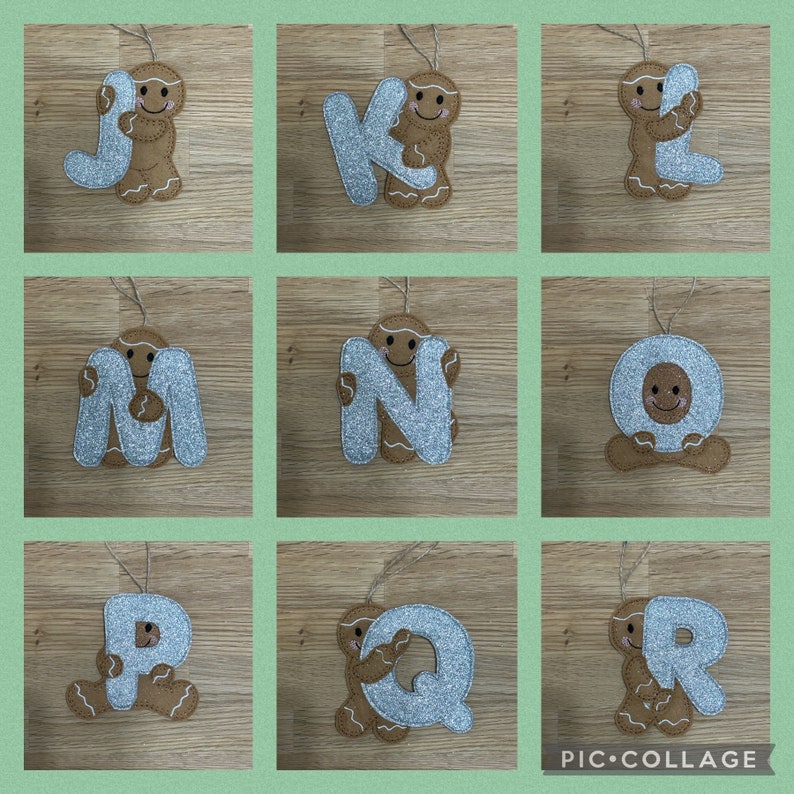 May include: Nine felt ornaments shaped like letters of the alphabet, J, K, L, M, N, O, P, Q, and R. Each letter is decorated with silver glitter and a gingerbread man holding the letter.