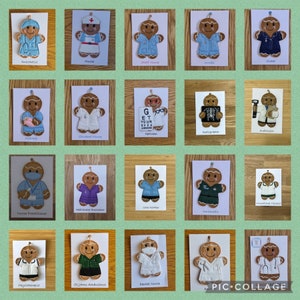May include: A collage of 20 gingerbread people dressed as different healthcare professionals. Each gingerbread person is wearing a different uniform and accessories, such as a stethoscope, a nurse's cap, and a doctor's coat. The gingerbread people are all smiling and have a friendly expression.