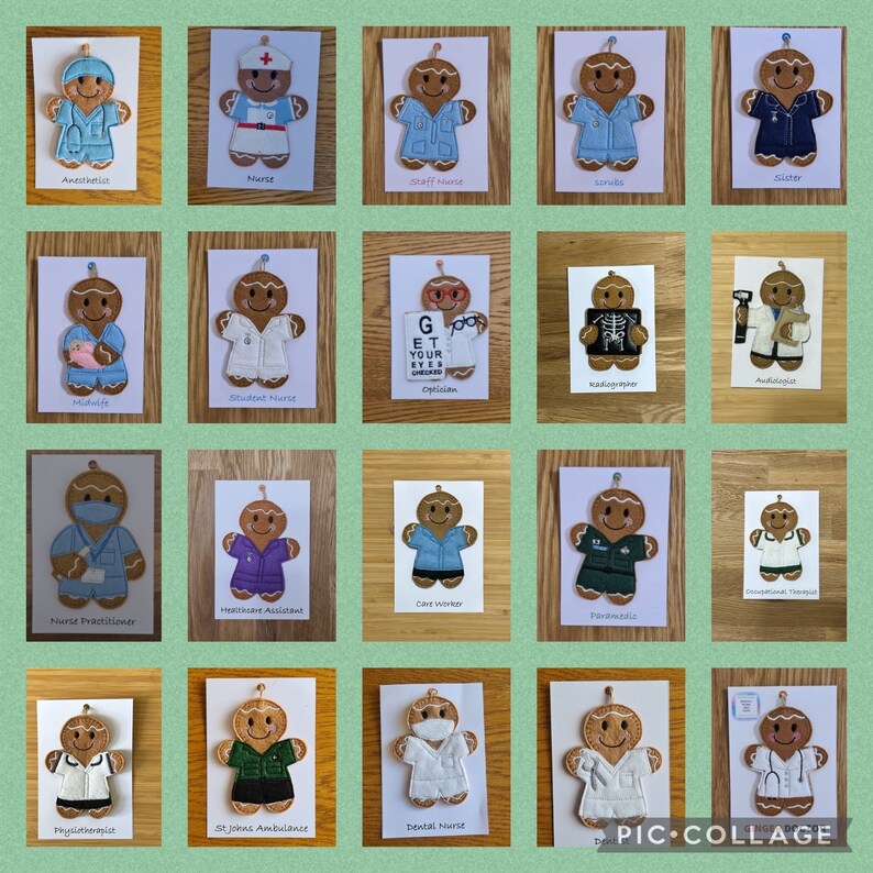 May include: A collage of 20 gingerbread people dressed as different healthcare professionals. Each gingerbread person is wearing a different uniform and accessories, such as a stethoscope, a nurse's cap, and a doctor's coat. The gingerbread people are all smiling and have a friendly expression.