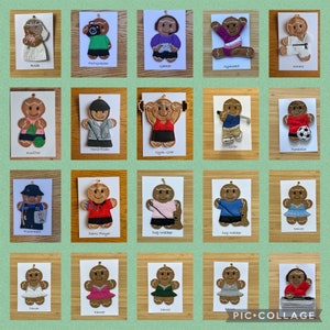 May include: Twenty gingerbread person ornaments, each decorated with a different profession or activity. The ornaments are all brown with white icing details and are displayed on a wooden background.