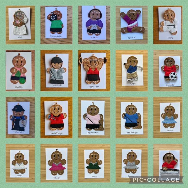 May include: Twenty gingerbread person ornaments, each decorated with a different profession or activity. The ornaments are all brown with white icing details and are displayed on a wooden background.