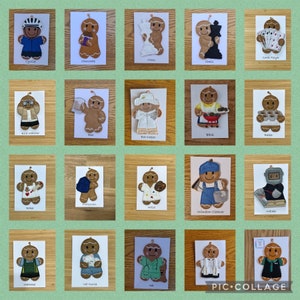 May include: A collage of 20 gingerbread person ornaments, each decorated with a different profession. The ornaments are on a light green background. The professions include: cyclist, chocolate maker, chess player, chess player, card player, bird watcher, baker, chef, BBQ chef, baker, backpacker, artist, window cleaner, welder, waitress, vet nurse, vet, and a person wearing a white coat.