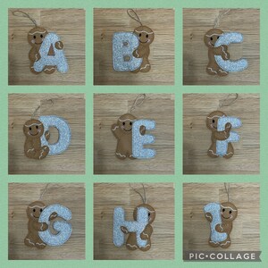 May include: Nine gingerbread man ornaments, each holding a different letter of the alphabet, A through I. The letters are made of silver glitter fabric and the gingerbread men are brown felt.