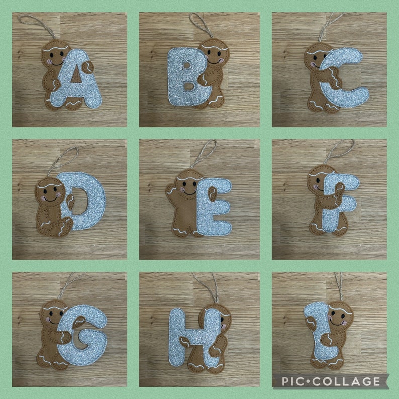 May include: Nine gingerbread man ornaments, each holding a different letter of the alphabet, A through I. The letters are made of silver glitter fabric and the gingerbread men are brown felt.