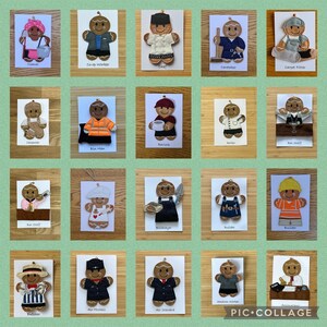 May include: A collage of 20 gingerbread people, each dressed in a different occupation, such as a chef, a cleaner, a carpenter, a builder, and a bar staff member.