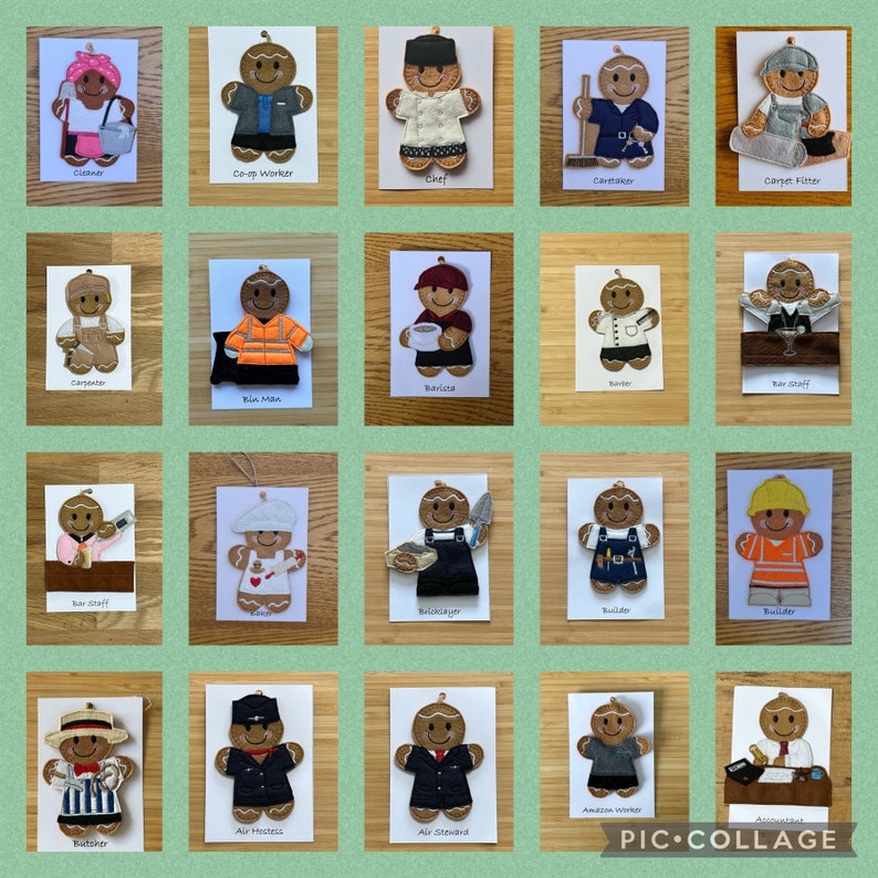 May include: A collage of 20 gingerbread people, each dressed in a different occupation, such as a chef, a cleaner, a carpenter, a builder, and a bar staff member.