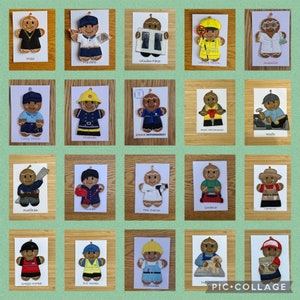 May include: A collage of 20 gingerbread people, each dressed in a different occupation, such as a priest, scientist, firefighter, and hairdresser. The gingerbread people are all smiling and have a festive look.