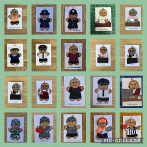 May include: A collage of 20 gingerbread people dressed in different costumes representing various professions. Each gingerbread person is on a white card with a title describing the profession. The professions include: Police Officer, Office Worker, Sailor, Pilot, Ginger Supermarket Worker, Teacher, Florist, Postal Worker, Prison Officer, Call Centre Worker, Soldier, Mechanic, McDonald's Worker, Firefighter, and Referee.