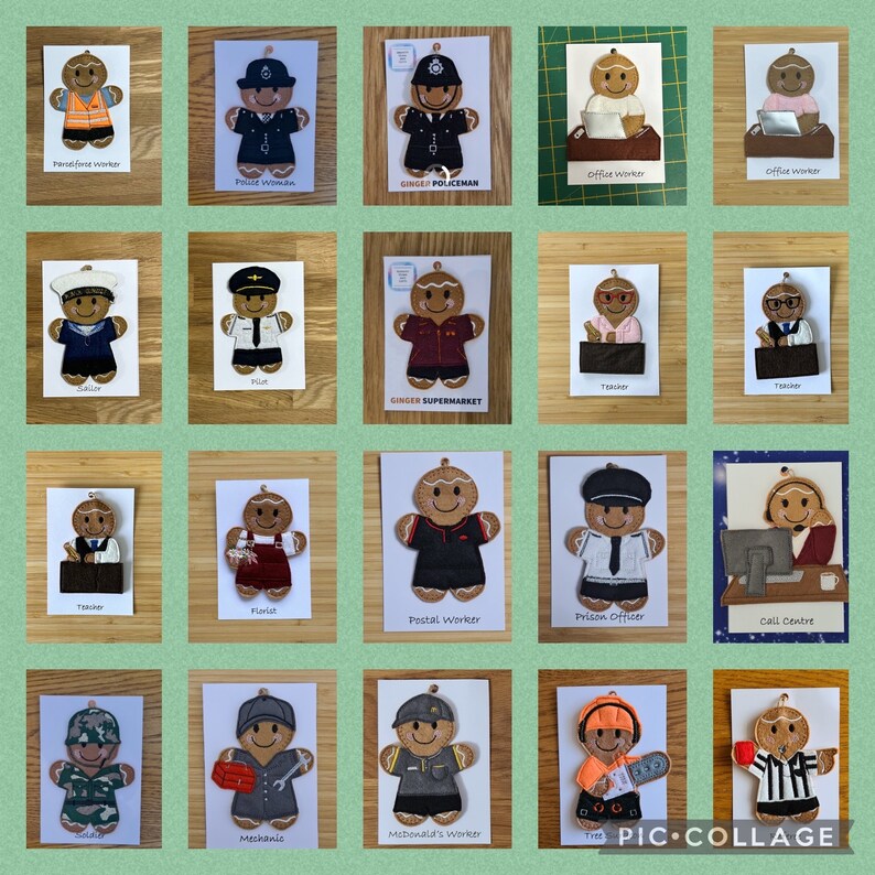 May include: A collage of 20 gingerbread people dressed in different costumes representing various professions. Each gingerbread person is on a white card with a title describing the profession. The professions include: Police Officer, Office Worker, Sailor, Pilot, Ginger Supermarket Worker, Teacher, Florist, Postal Worker, Prison Officer, Call Centre Worker, Soldier, Mechanic, McDonald's Worker, Firefighter, and Referee.