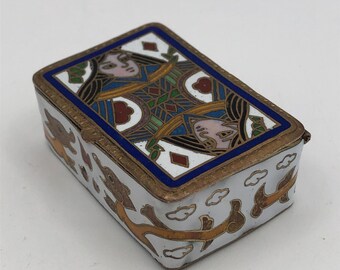 Vintage Cloisonné Brass Miniature Queen of Diamonds Trinket Box Hinged Footed Bridge Matches Art Deco Card Game Mini Pill Box