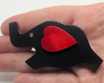 Marie Christine Pavone Elephant Brooch Heart Purple Red Art Deco Celluloid Plastic Signed Pin Retro Love Gift Mom