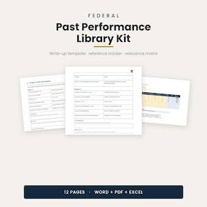 Może przedstawiać: Zestaw Federal Past Performance Library Kit zawierający szablon opisu projektu, narzędzie do śledzenia referencji oraz macierz istotności. Dokumentacja obejmuje 12 stron w formatach Word, PDF i Excel ze strukturalnymi polami danych.