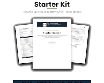 Könnte beinhalten: Ein Starter-Kit für Regierungsaufträge mit einem zentralen Deckblatt mit dem Titel Starter Bundle von M3 Consulting und MaryBeth Milici, flankiert von zwei Innenseiten, die eine Angebots-Scorecard und eine Tabelle zeigen, insgesamt 51 Seiten.