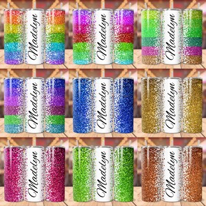 May include: Nine different glitter tumbler designs with the name Madelyn on each. The tumblers feature a variety of colours and glitter patterns.