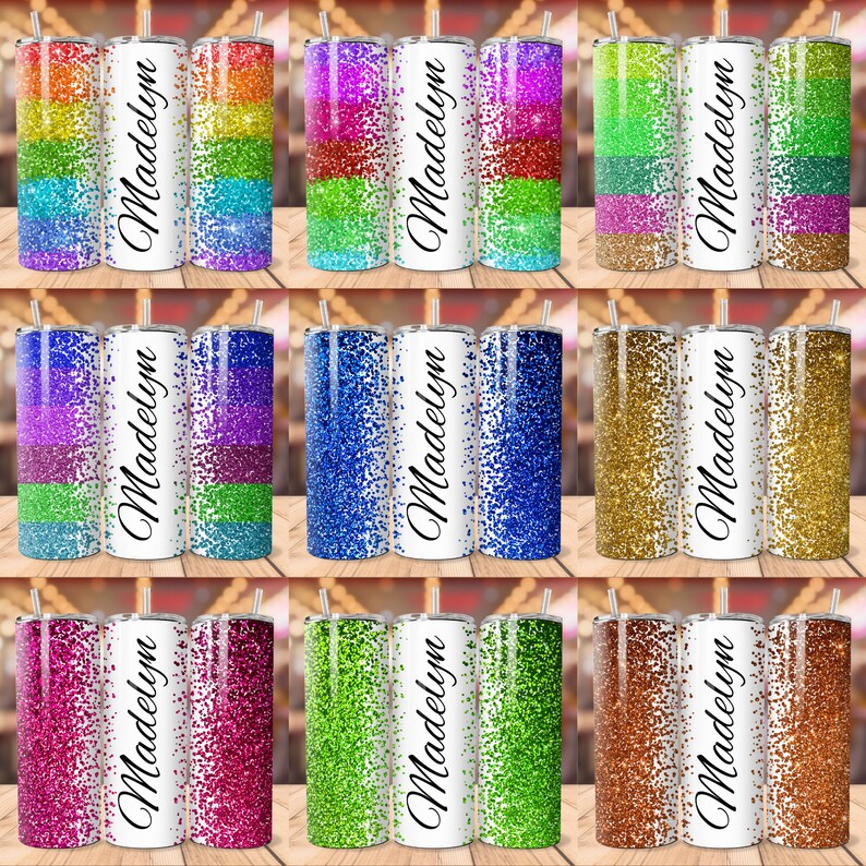 May include: Nine different glitter tumbler designs with the name Madelyn on each. The tumblers feature a variety of colours and glitter patterns.