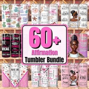Paquete de más de 60 fundas para vasos con afirmaciones positivas, vaso de 590 ml (20 oz) para el amor propio, diseños de sublimación con citas positivas, imagen PNG inspiradora para vaso