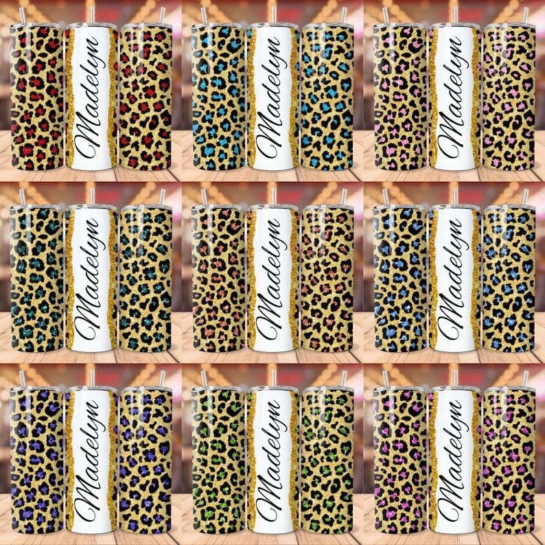 K&ouml;nnte beinhalten: Neun verschiedene 20 Unzen Edelstahlbecher mit einem goldenen Glitzer-Leopardenmuster. Jeder Becher hat einen anderen Farbakzent auf dem Leopardenmuster. Die Becher sind alle mit dem Namen "Madelyn" personalisiert.