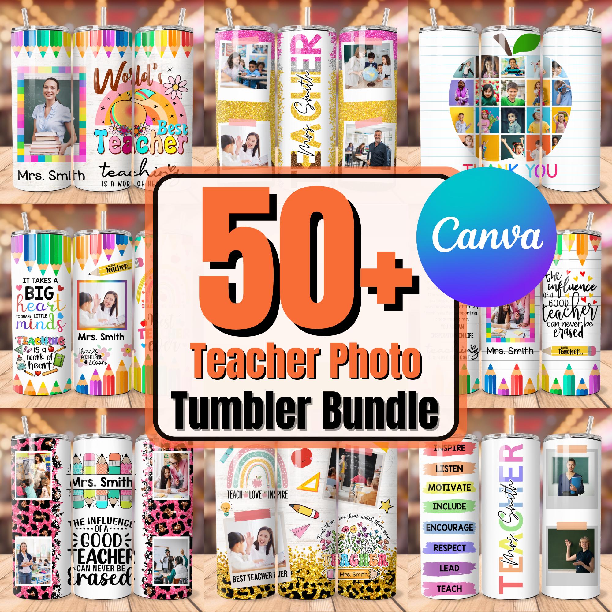 Teacher Photo Tumbler Bundle, 20 oz Skinny Tumbler Wrap Add Your Photo & Name Sublimation Template, Canva Editable Back To School Tumbler