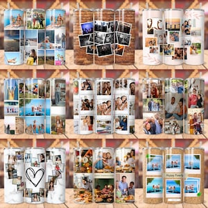 May include: Set of nine stainless steel tumblers with various photo collage designs. The designs include a heart shape, a brick wall, a floral pattern, and a corkboard. Each tumbler features a different photo collage with various images of people and places.