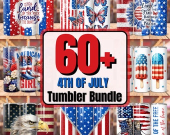 May include: A collection of 60+ 4th of July themed tumbler designs. The tumblers feature various patriotic designs, including the American flag, butterflies, fireworks, and boots. The text "Land of the Free because of the Brave" is featured on some of the tumblers.