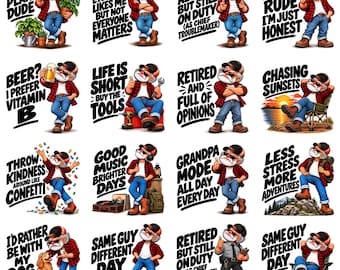 May include: A collection of sixteen cartoon stickers featuring a bearded character in a plaid shirt, jeans, and cap, each with unique text including phrases like Crazy Plant Dude, Retired But Still On Duty, Beer? I Prefer Vitamin B, and Chasing Sunsets.