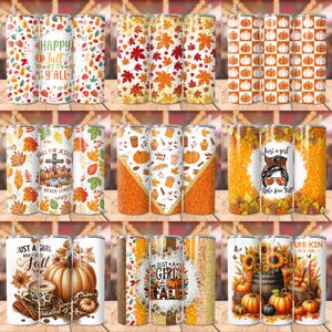Puede incluir: Conjunto de 12 dise&ntilde;os de vasos t&eacute;rmicos con tem&aacute;tica oto&ntilde;al. Los dise&ntilde;os presentan varios motivos oto&ntilde;ales, como calabazas, hojas y texto con tem&aacute;tica oto&ntilde;al. Los vasos t&eacute;rmicos son todos blancos con acentos naranja y marr&oacute;n.