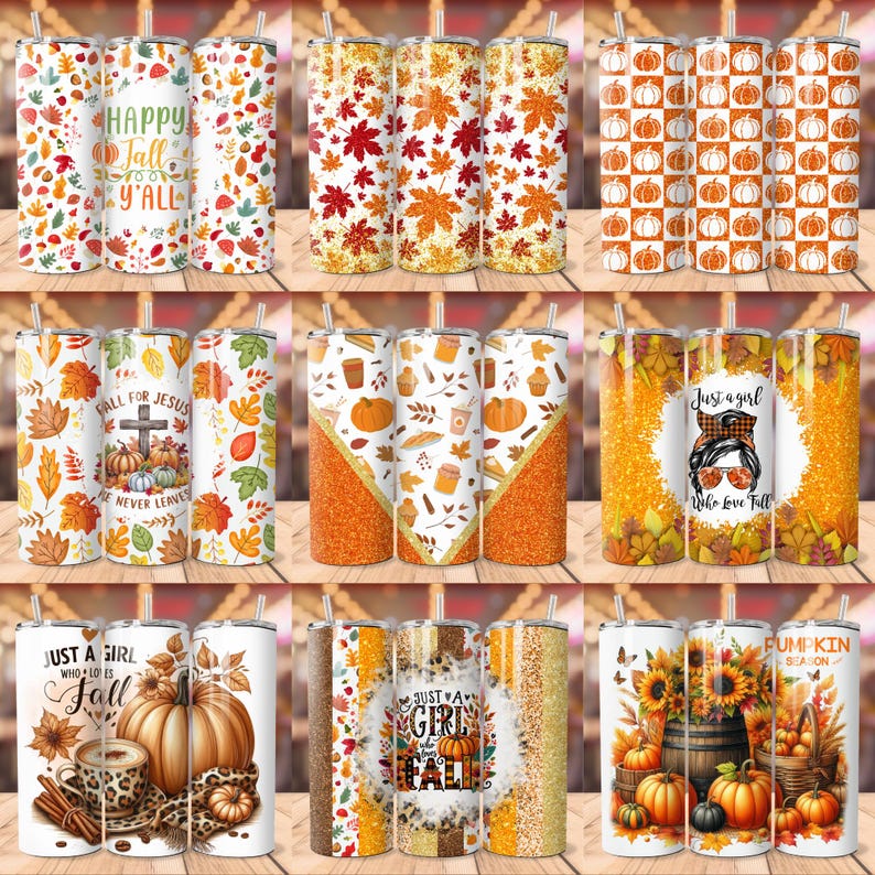 Puede incluir: Conjunto de 12 dise&ntilde;os de vasos t&eacute;rmicos con tem&aacute;tica oto&ntilde;al. Los dise&ntilde;os presentan varios motivos oto&ntilde;ales, como calabazas, hojas y texto con tem&aacute;tica oto&ntilde;al. Los vasos t&eacute;rmicos son todos blancos con acentos naranja y marr&oacute;n.