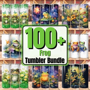 May include: A collection of 100+ colourful frog-themed tumblers. The tumblers feature various designs, including frogs playing musical instruments, frogs in nature, and frogs with glasses. The text "100+ Frog Tumbler Bundle" is displayed in a green circle.