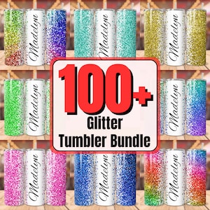 May include: A set of 100+ glitter tumbler designs featuring various colours and patterns. The tumblers are all white with a clear lid and a straw. The text "Madelyn" is printed on each tumbler. The text "100+ Glitter Tumbler Bundle" is printed in red on a white background.